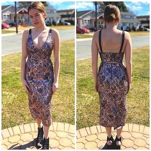 Rebecca Vallance -Ring My Bell Plunge Midi Dress in Foil Lace